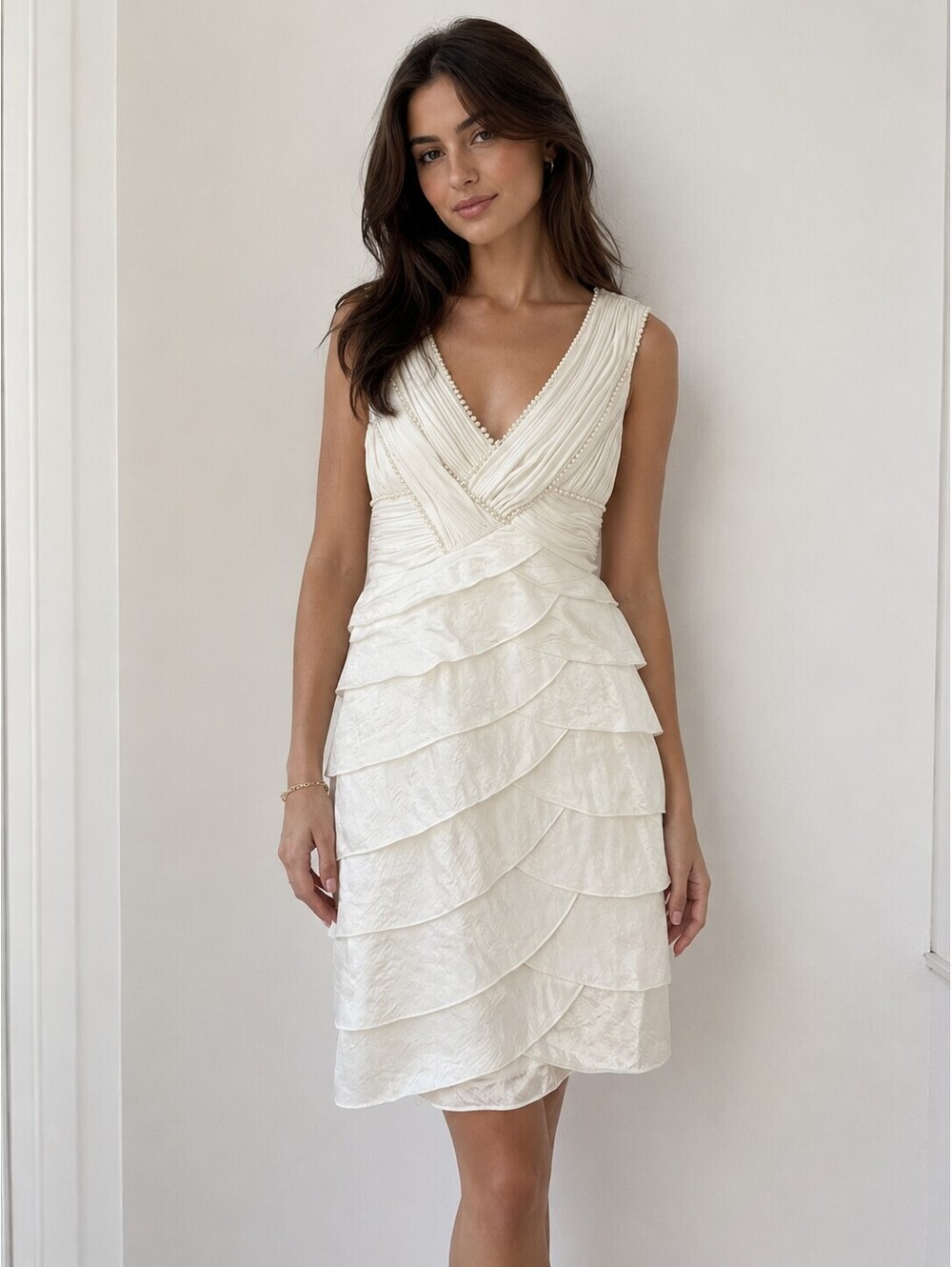 Adrianna Papell Ivory Tiered Ruched Cocktail Dress Sleeveless Beaded V-Neck